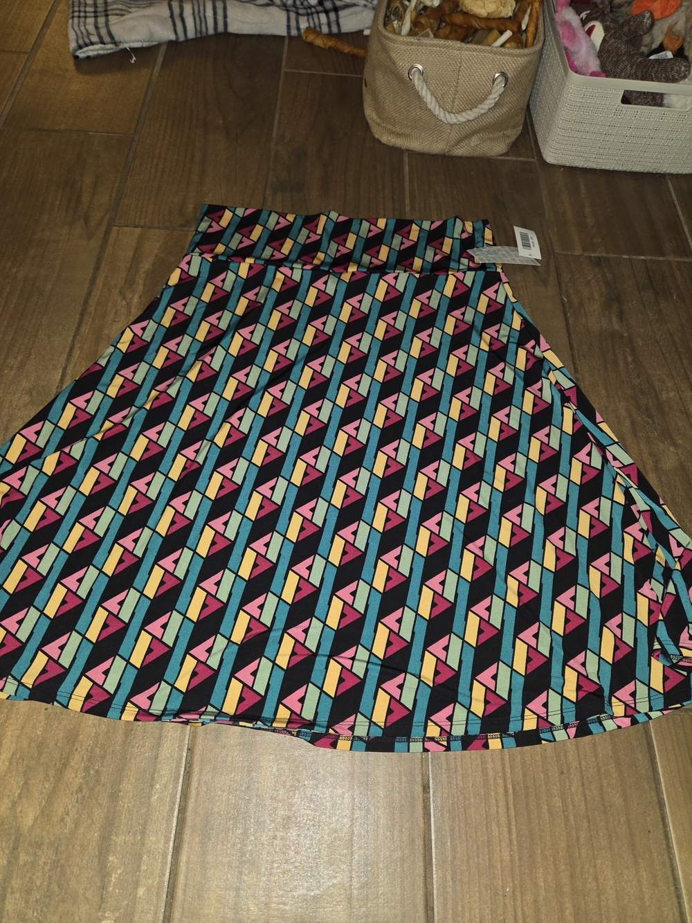 LuLaRoe Circle Skirt in Black, Teal, Pink & Yellow Geometric Print